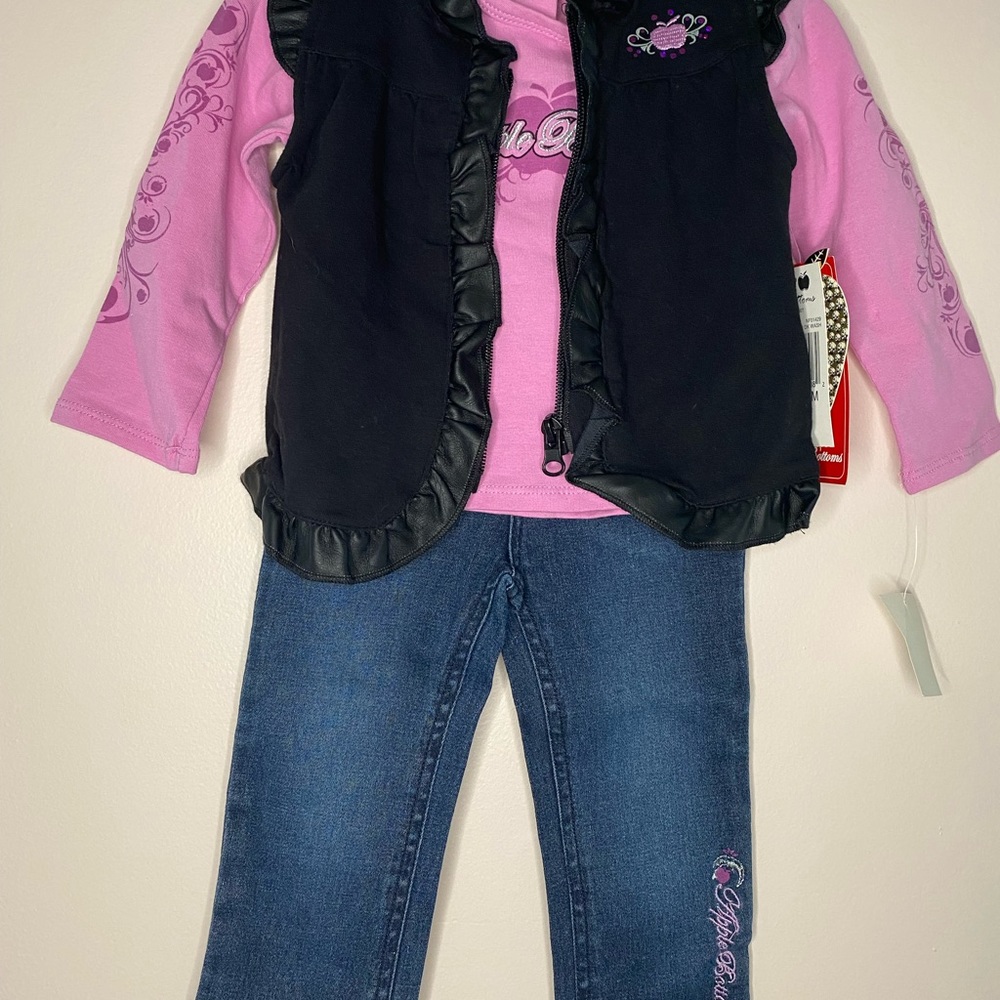 NWT Apple Bottom Jeans 3 piece outfit with jeans shirt and vest size 12M
